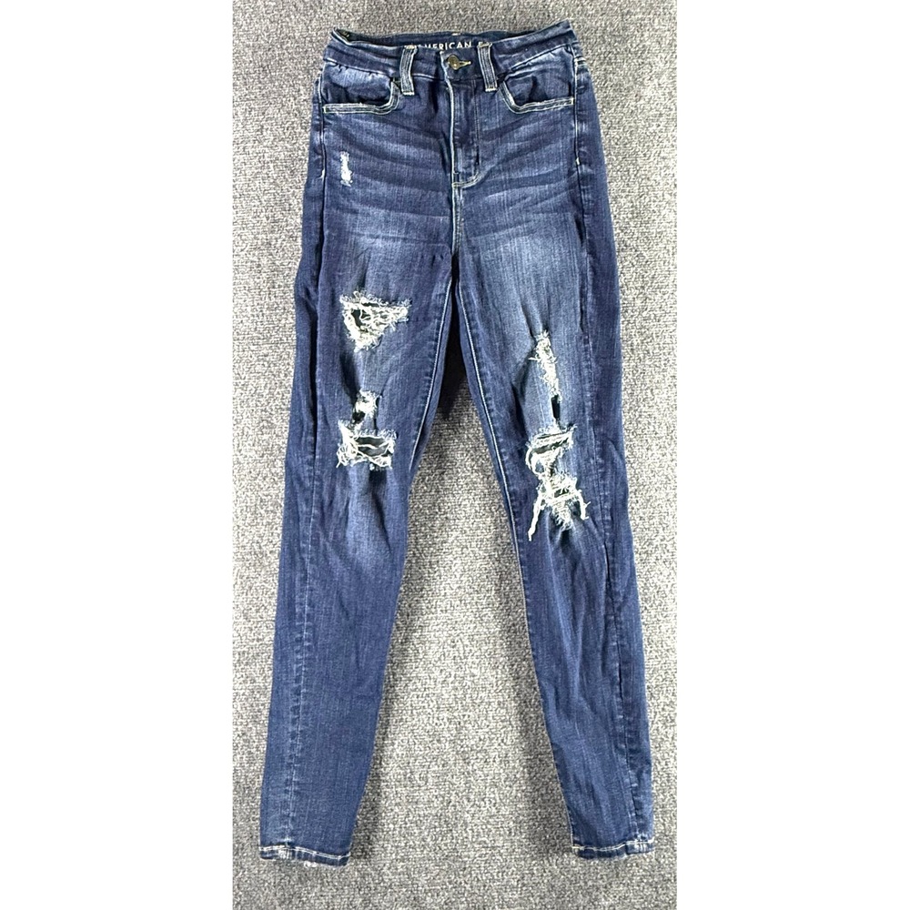 American Eagle High Waisted Skinny Distressed Jeans Dark Wash Blue Womens Size 2